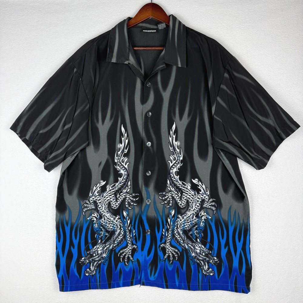 Vintage Y2K ODO Button Up Shirt Mens XL Black Blue Flame Dragon Print S/S